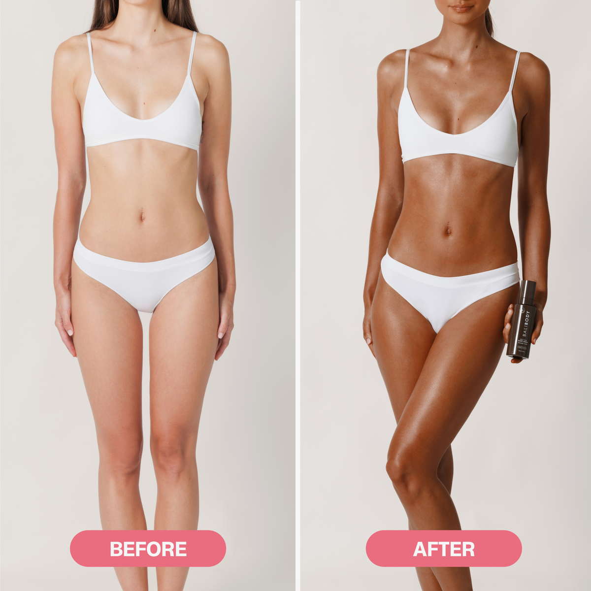 Seite-an-Seite-Vergleich einer Frau: die blasse Haut ist mit „vorher“ beschriftet, die gebräunte Haut mit „nach der Anwendung von Bali Body Self Tan Body Serum 50 ml“.