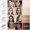 Vier Reihen von Frauen mit heller, hellerer, mittlerer und dunkler Hautfarbe zeigen Farbmuster der „BLONDESISTER 2 IN 1 NATURAL BEAUTY TINTED CREAM SPF15“.