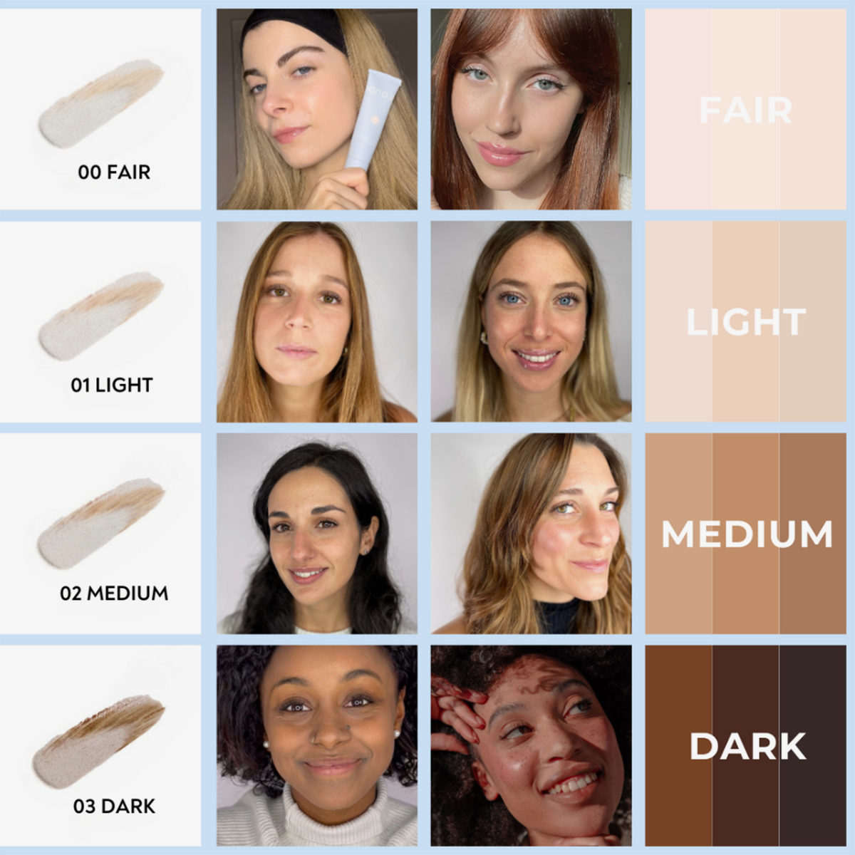 Vier Reihen von Frauen mit heller, hellerer, mittlerer und dunkler Hautfarbe zeigen Farbmuster der „BLONDESISTER 2 IN 1 NATURAL BEAUTY TINTED CREAM SPF15“.