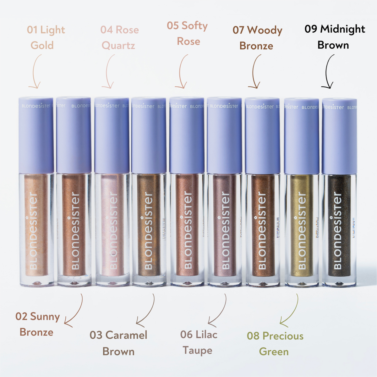 Neun Tuben „BLONDESISTER GLOWEYE EYESHADOW“ in verschiedenen schimmernden Farbtönen sind auf einem weißen Hintergrund aufgereiht.