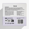 Rückseite der Verpackung der Blueberry & Açaí Mini Masks + Toner Pads mit einer Liste der Inhaltsstoffe, Anwendungshinweisen, Recycling-Informationen und einem Barcode.