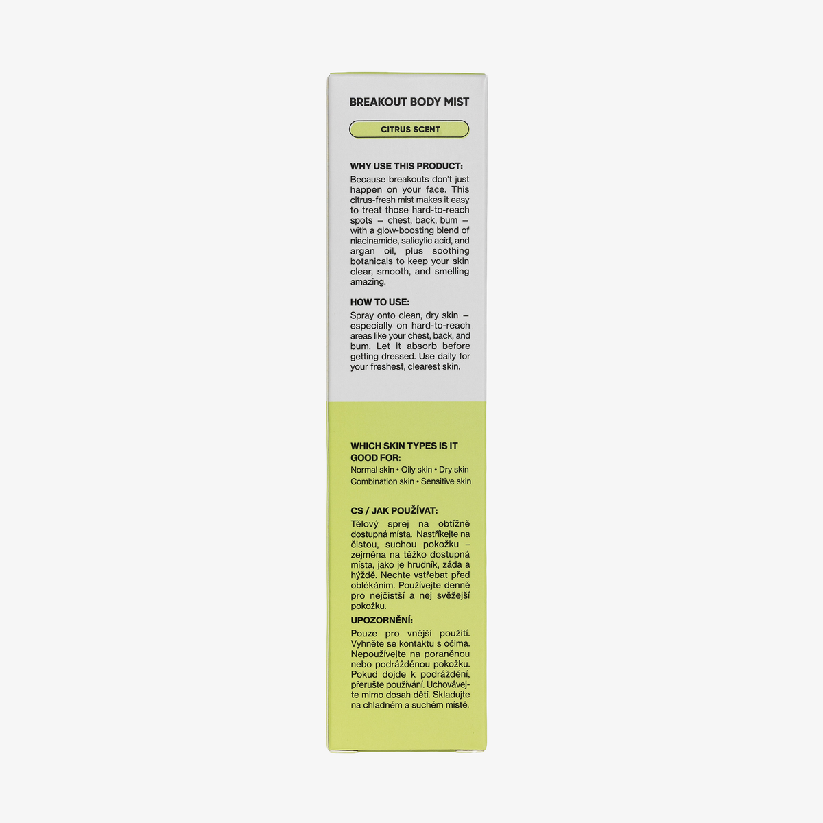 Rückseite der rechteckigen Breakout Body Mist-Verpackung mit einer Gebrauchsanweisung auf Englisch und Tschechisch.
