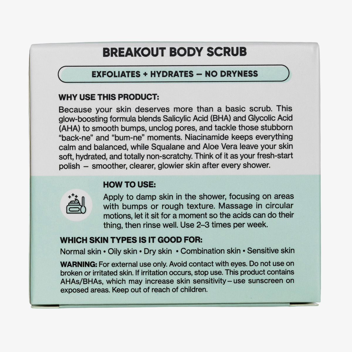 Rückseite der Verpackung des Breakout Body Scrub mit Angaben zu den Vorteilen, der Anwendungsanleitung und den geeigneten Hauttypen.