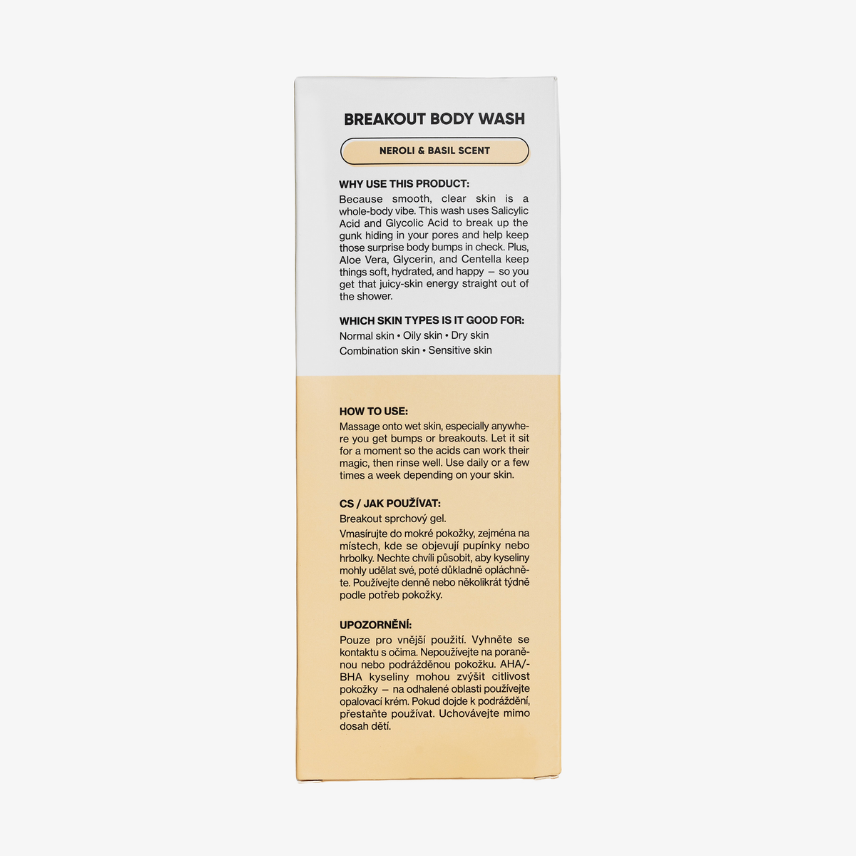 Rückseite der Verpackung des Breakout Body Wash mit Anwendungshinweisen, Inhaltsstoffen und Gebrauchsanweisung auf Englisch und Tschechisch.