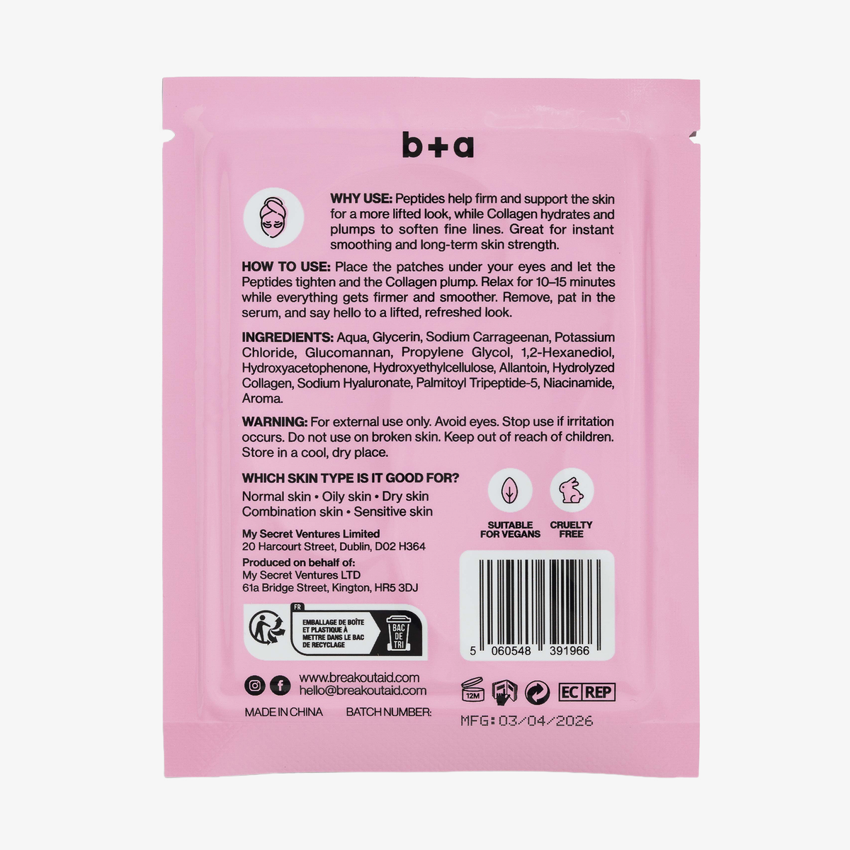 Pink Breakout+Aid Firm + Smooth – Hydrogel-Augenpads: Packung mit Gebrauchsanweisung, Inhaltsstoffen und Produktinformationen.