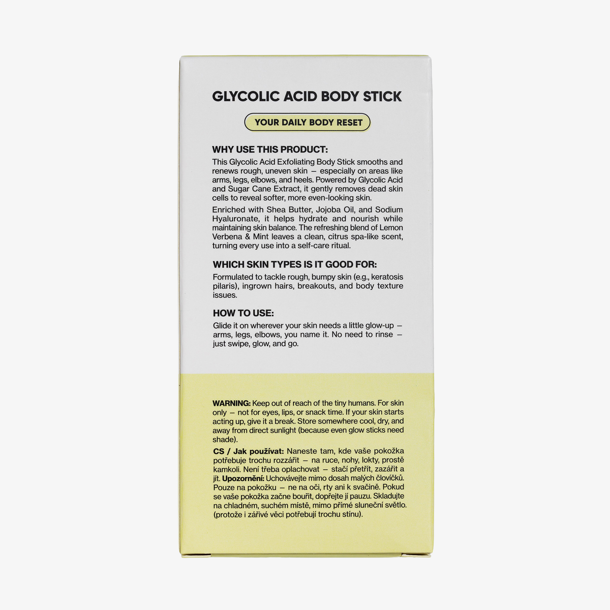 Rückseite der Verpackung des Breakout+Aid Glycolic Acid Body Stick mit Anwendungshinweisen, Vorteilen und Sicherheitshinweisen.