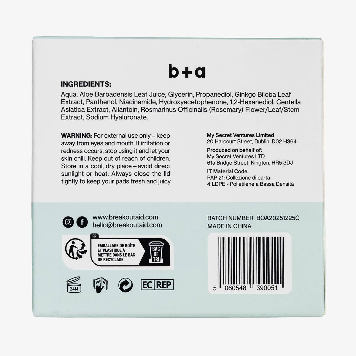 Rückseite der Verpackung von Rescue Mini Masks + Toner Pads mit der Liste der Inhaltsstoffe, Anwendungshinweisen, Herstellerangaben, Recycling-Symbolen und einem Barcode.