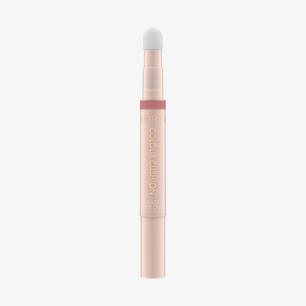 Catrice Colour Cushion Juicy Lip Oil mit weichem Schwamm-Applikator in Rosé-Gold und Nude, elegant vor weißem Hintergrund präsentiert.