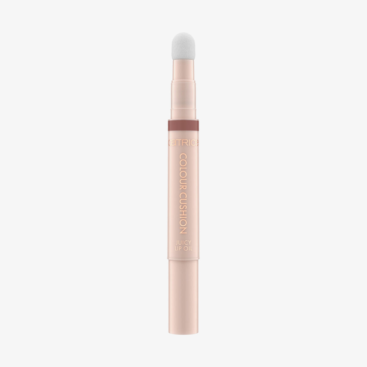 Catrice Colour Cushion Juicy Lip Oil mit weichem Schwamm-Applikator in Rosé-Gold und Nude, elegant vor weißem Hintergrund präsentiert.