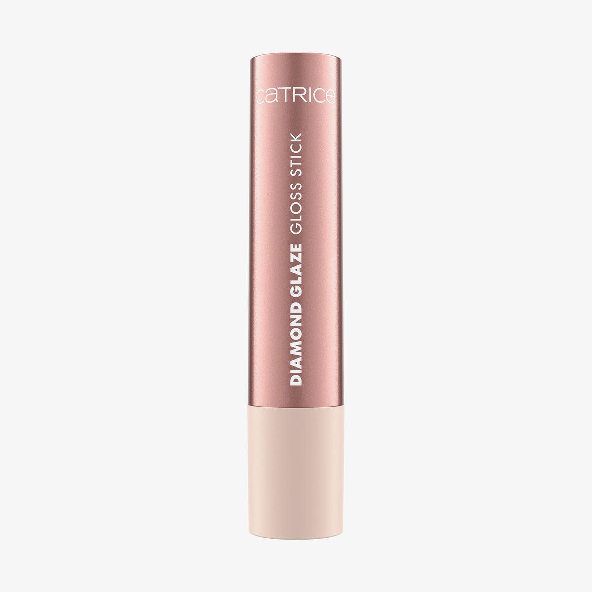 Ein Catrice Cosmetics Diamond Glaze Gloss Stick in Roségold steht aufrecht auf einem weißen Hintergrund.
