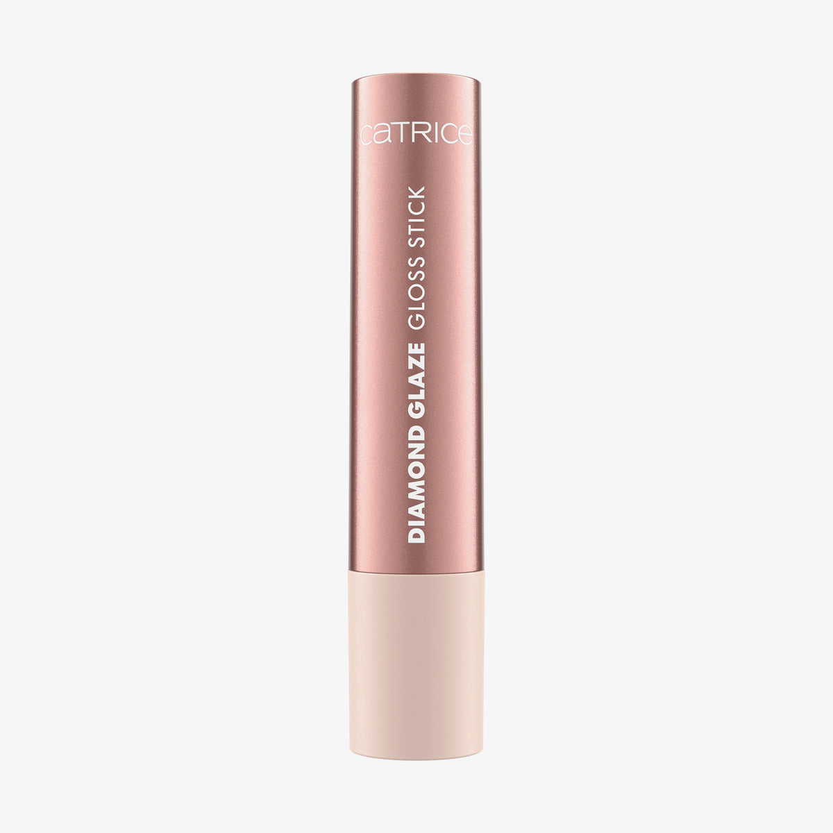 Eine roségoldene Tube Catrice Cosmetics Diamond Glaze Gloss Stick mit beiger Kappe, abgebildet auf einem weißen Hintergrund.