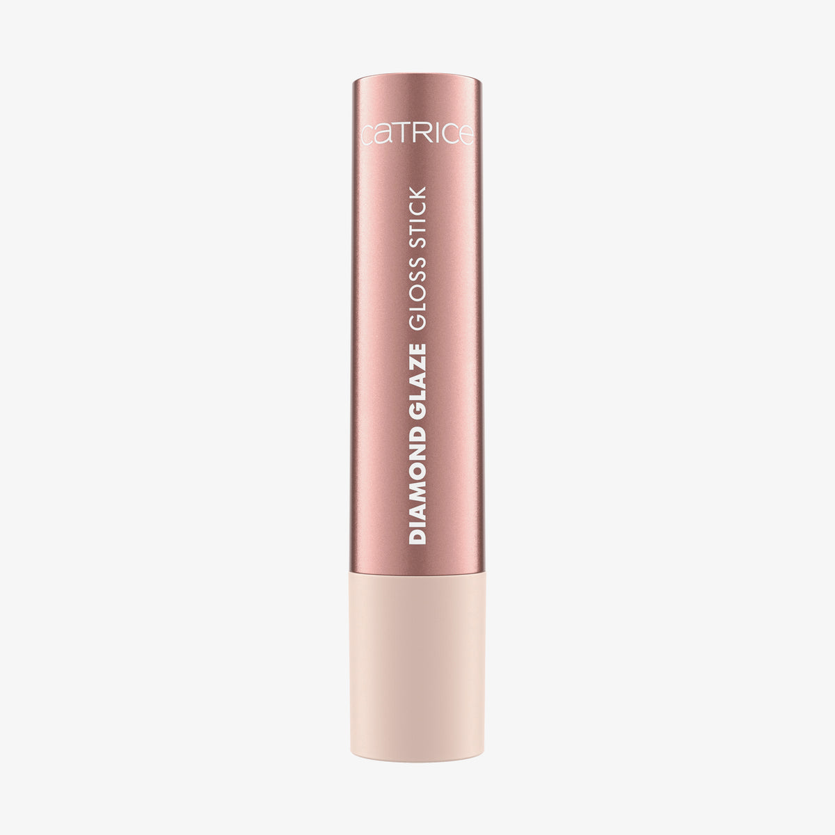 Geschlossener Catrice Diamond Glaze Gloss Stick mit roséfarbenem Gehäuse und schlichtem Design vor weißem Hintergrund.