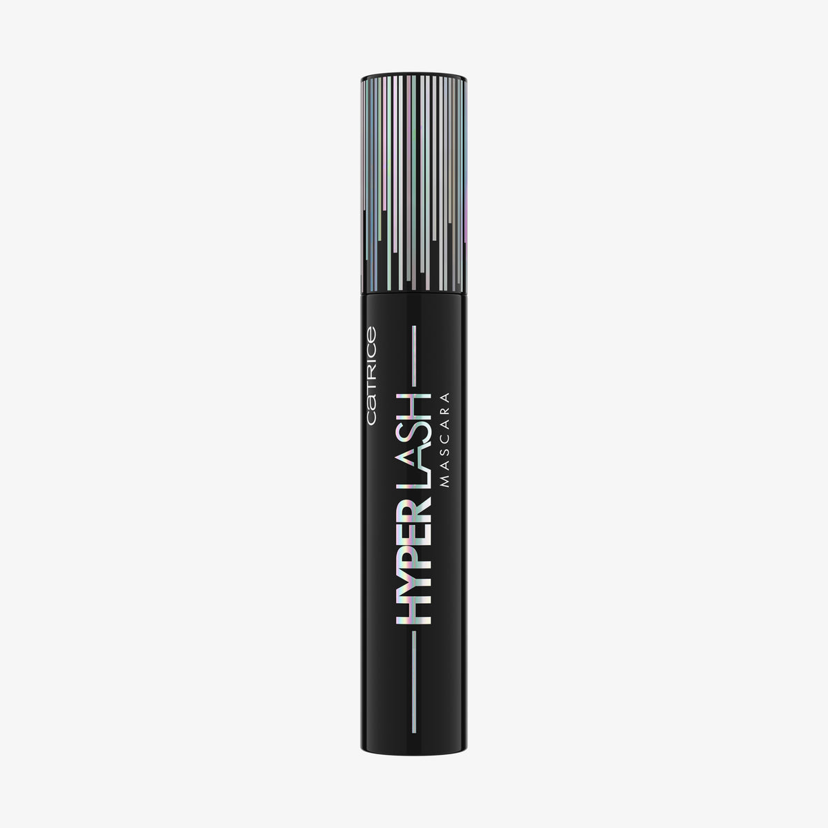 Catrice Cosmetics Hyper Lash Mascara 010 in einer schwarzen Tube mit einer gestreiften silber-schwarzen Kappe ist auf weißem Hintergrund abgebildet.