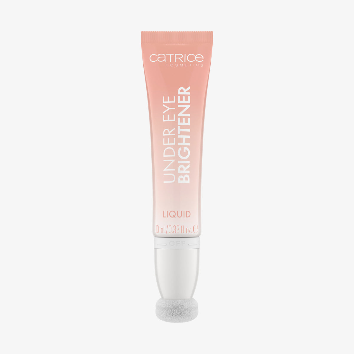 Eine rosafarbene Tube des Catrice Cosmetics Under Eye Brightener Liquid mit Schwammapplikatorspitze vor weißem Hintergrund.