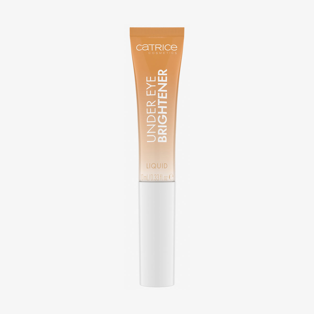 Eine Tube Catrice Cosmetics Under Eye Brightener Liquid mit einem orange-weißen Design auf weißem Hintergrund.