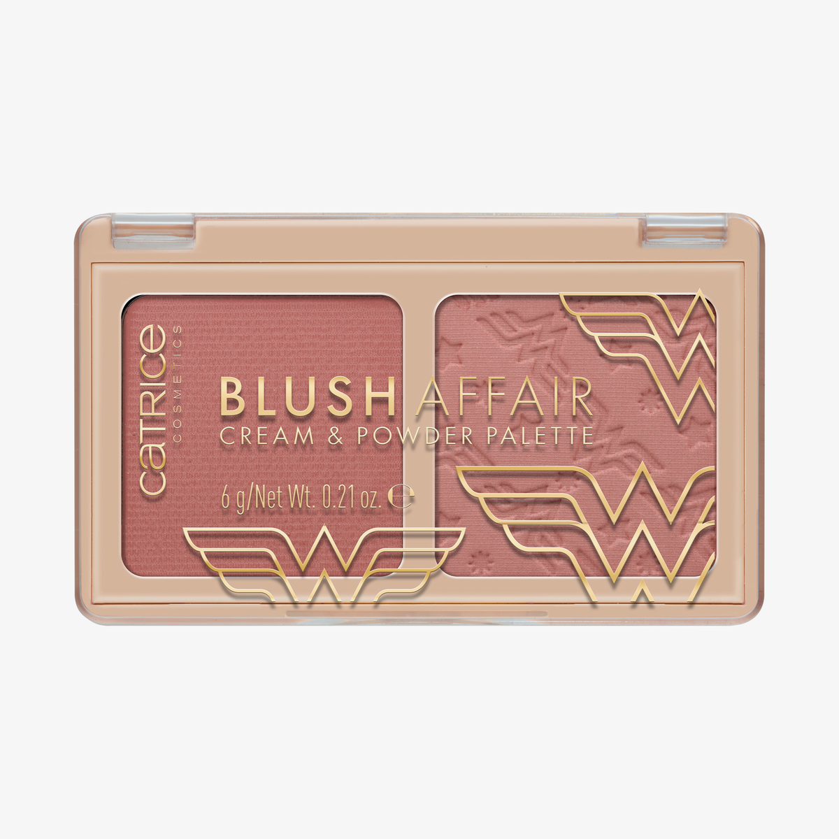 Creme- und Puderrouge-Palette mit dekorativem Wonder Woman-Design aus der Blush Affair-Kollektion von Catrice.