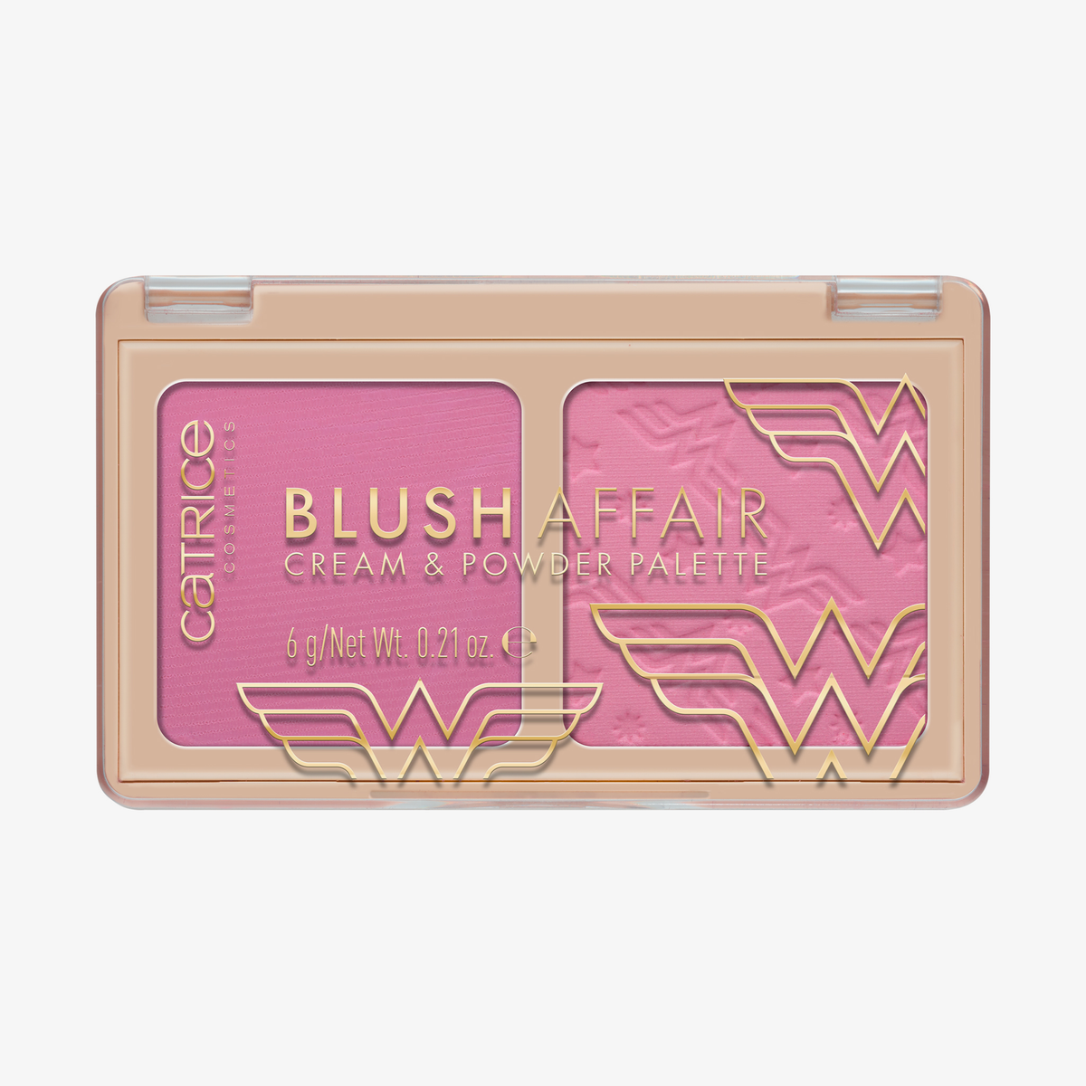 Catrice Wonder Woman Blush Affair Cream & Powder Palette in Pink, mit dem ikonischen Logo auf dem Cover.