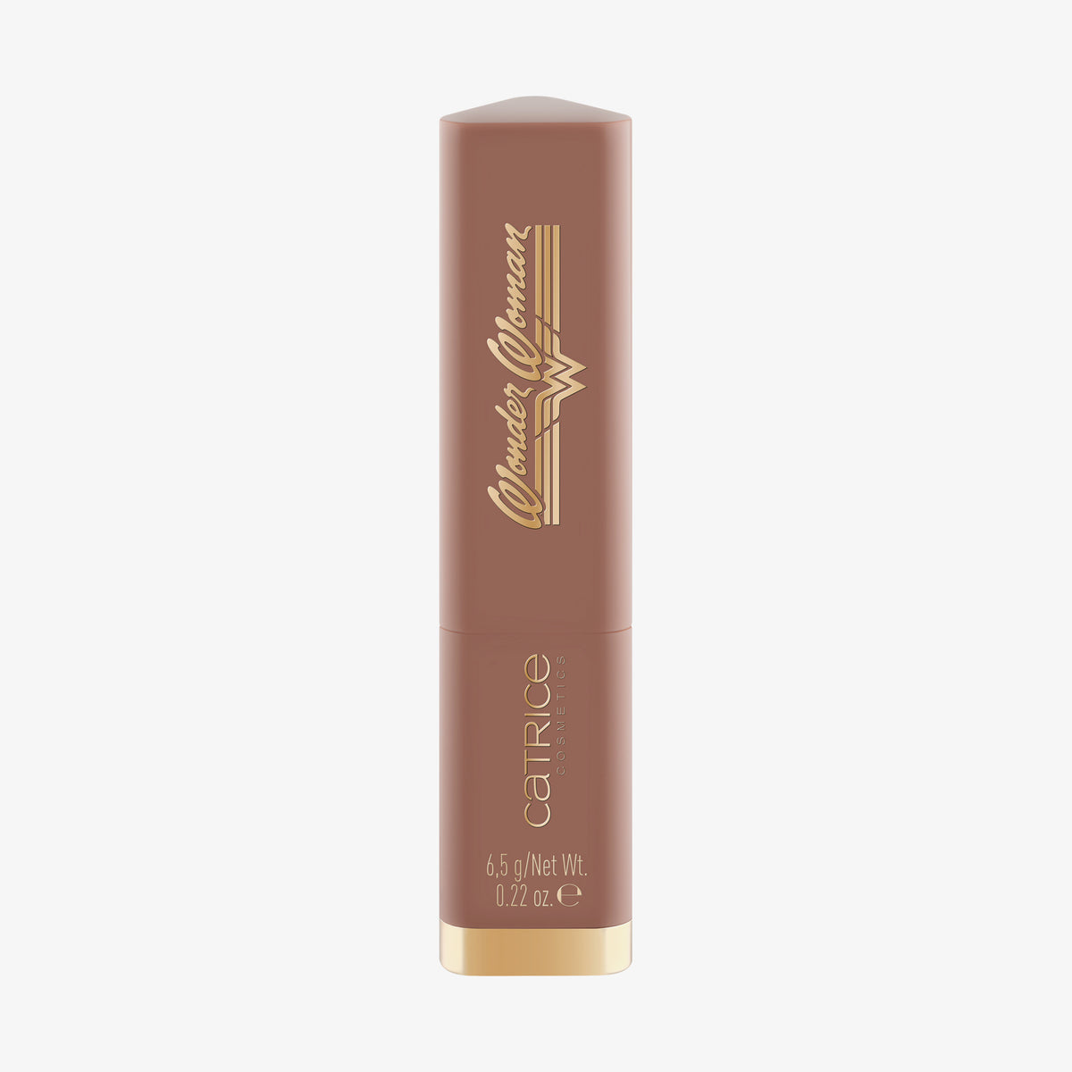 Braune 6,5-g-Lippenstifttube mit den Logos „Wonder Woman“ und „Catrice“ in Gold, gekennzeichnet als Wonder Woman Butter Bronzer Stick.