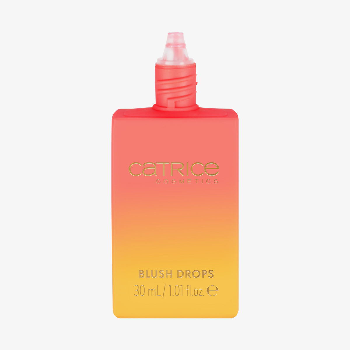 Farbverlauf-Flasche in Rot-Orange-Gelb mit goldenem Aufdruck „Catrice Cosmetics Blush Drops“. Geöffnet mit sichtbarer Tropfspitze, 30 ml Inhalt.
