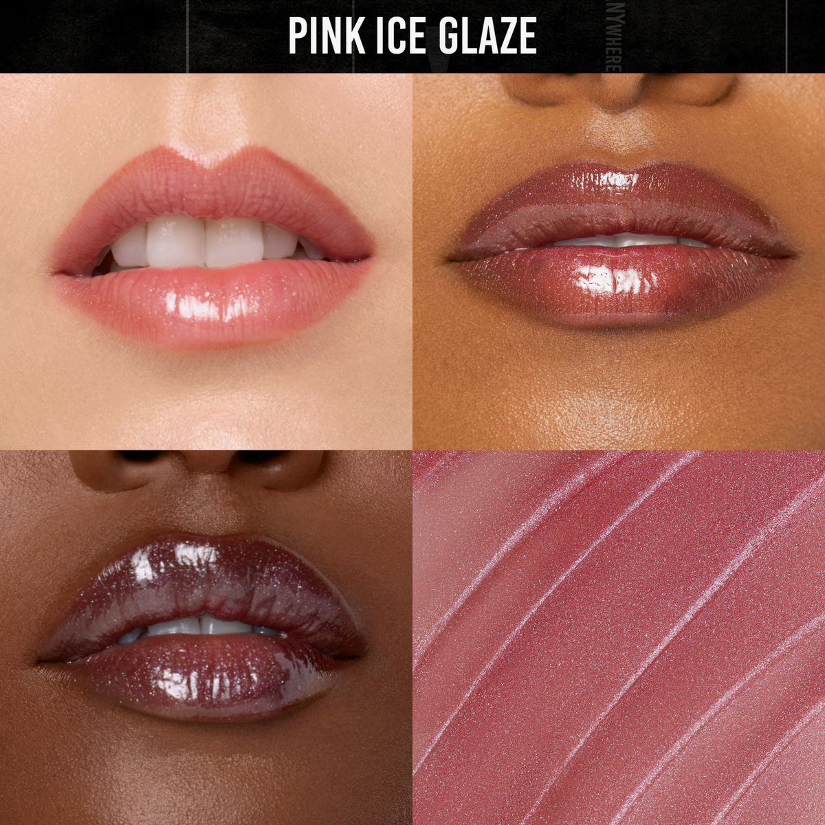 Nahaufnahmen von Lippen mit Danessa Myricks Beauty Colorfix Glaze in Pink Ice Glaze auf verschiedenen Hauttönen, sowie eine Glanzprobe.