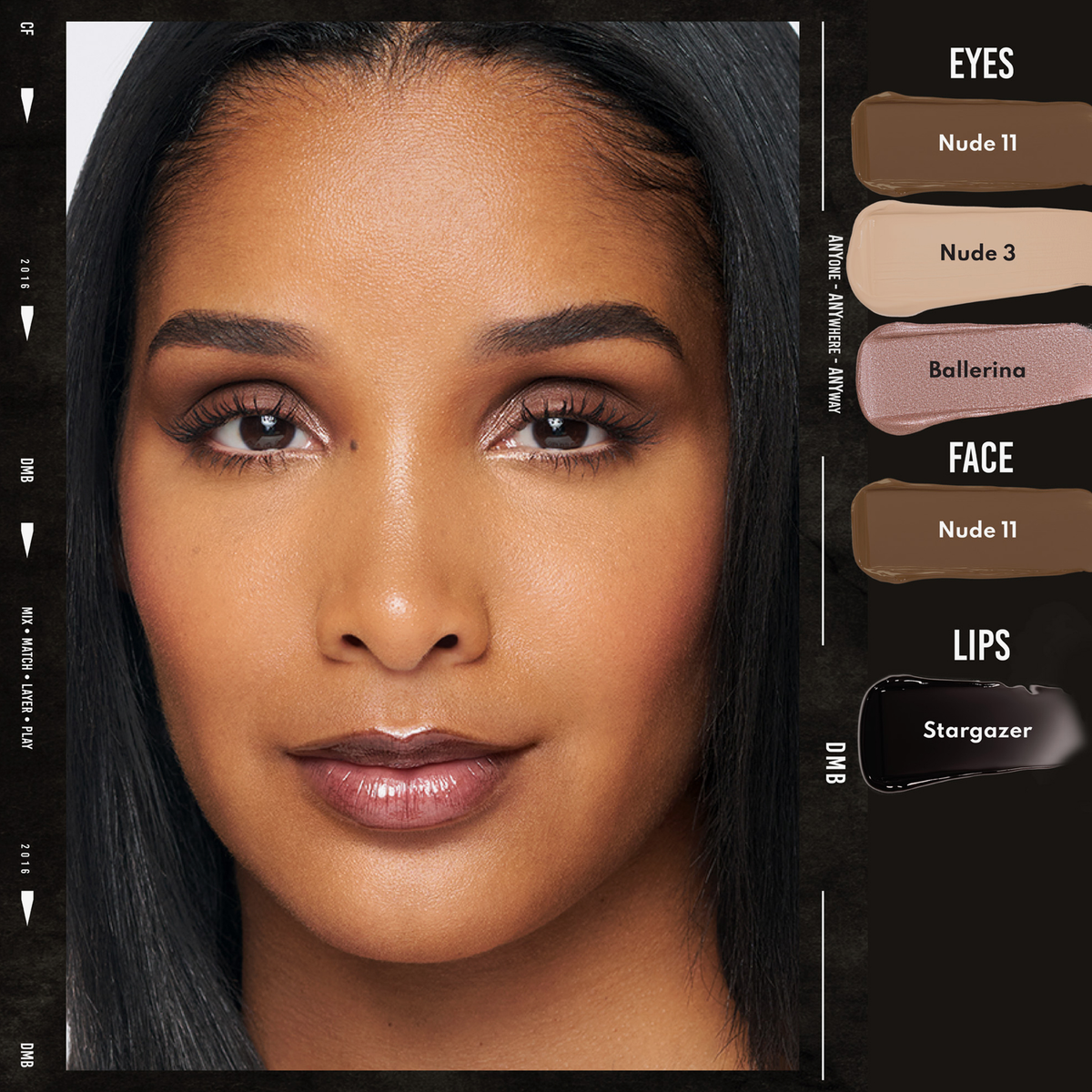 Eine Frau mit natürlichem Make-up in Nude-/Brauntönen für Augen, Gesicht und Lippen mit Danessa Myricks Beauty Colorfix Glaze.