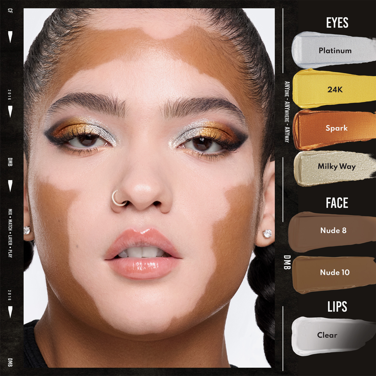 Gesicht eines Models mit metallischem Augen-Make-up; daneben Farbswatches der Danessa Myricks Colorfix Liquid Metals für Augen, Gesicht und Lippen.