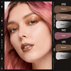 Frau mit rosa Haaren trägt Danessa Myricks Beauty Colorfix Mattes auf Augen, Lippen und Haut; Make-up-Farben sind beschriftet.