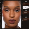 Nahaufnahme einer Frau, die Danessa Myricks Beauty Colorfix Mattes auf Augen, Gesicht und Lippen trägt, mit Farbetiketten.