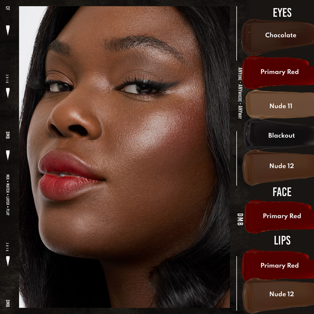 Eine dunkelhäutige Frau trägt einen kräftigen roten Colorfix Mattes-Lippenstift und einen Eyeliner von Danessa Myricks Beauty; Farbtöne siehe rechts.