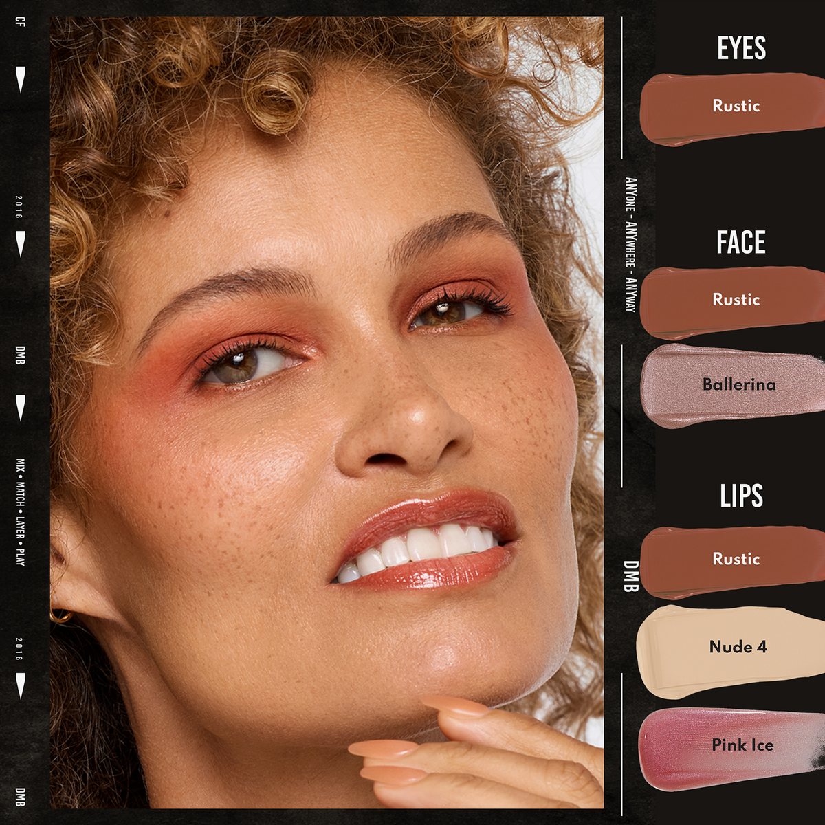 Eine Frau mit lockigem Haar trägt Colorfix Mattes von Danessa Myricks Beauty in Pfirsich, mit strahlender Haut und glänzenden nudefarbenen Lippen.