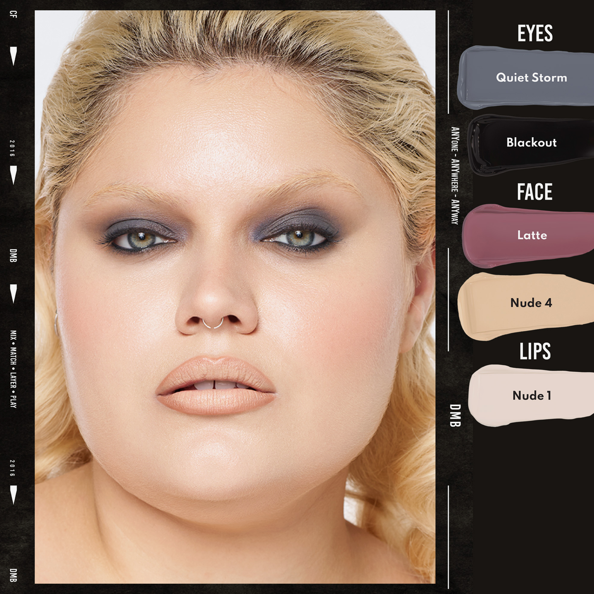 Eine Person trägt Danessa Myricks Beauty Colorfix Nudes für rauchige Augen, nudefarbene Lippen und weiche Konturen für Augen, Gesicht und Lippen.