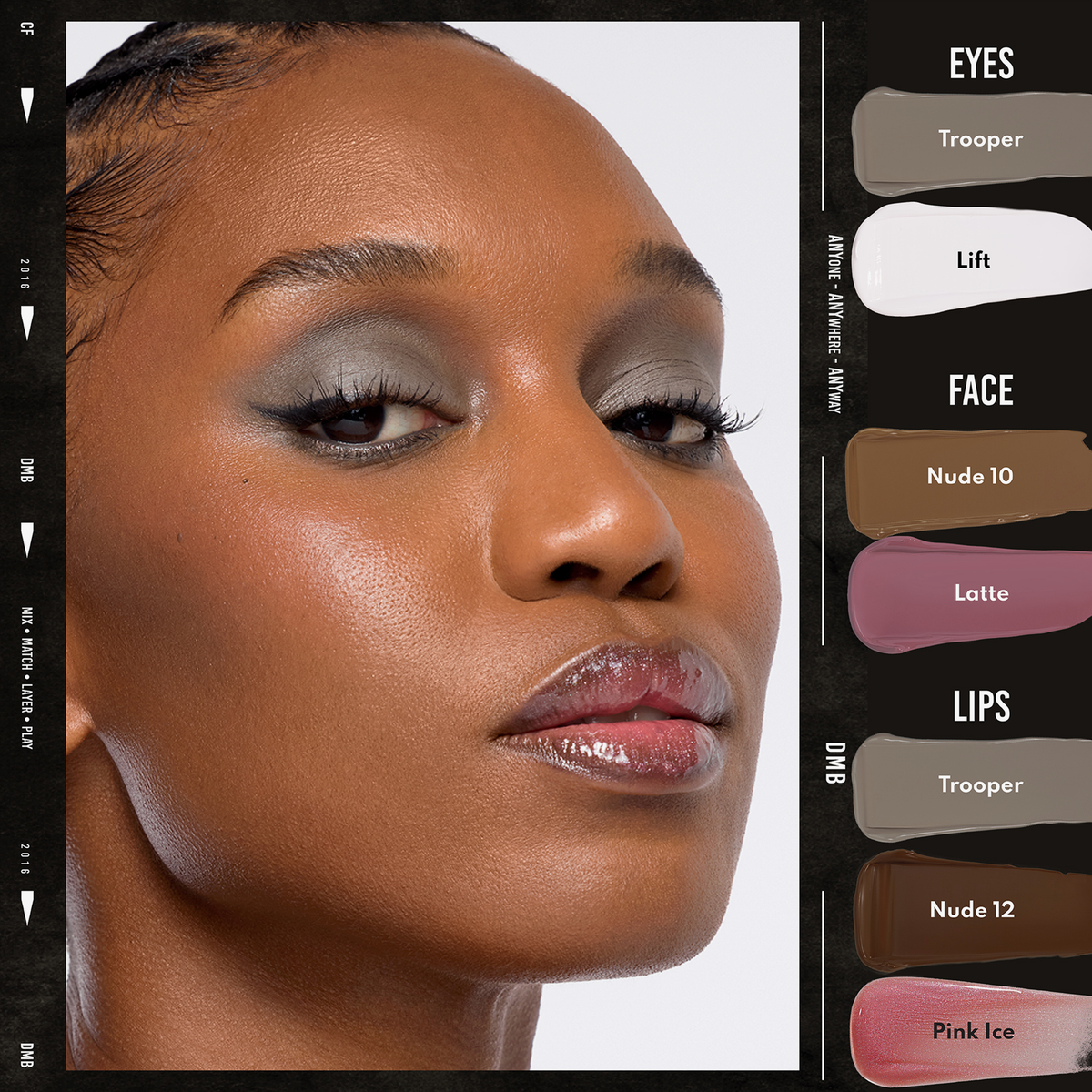 Nahaufnahme einer Frau, die Danessa Myricks Beauty Colorfix Nudes auf Augen, Lippen und Gesicht trägt; die Make-up-Töne sind an der Seite aufgelistet.