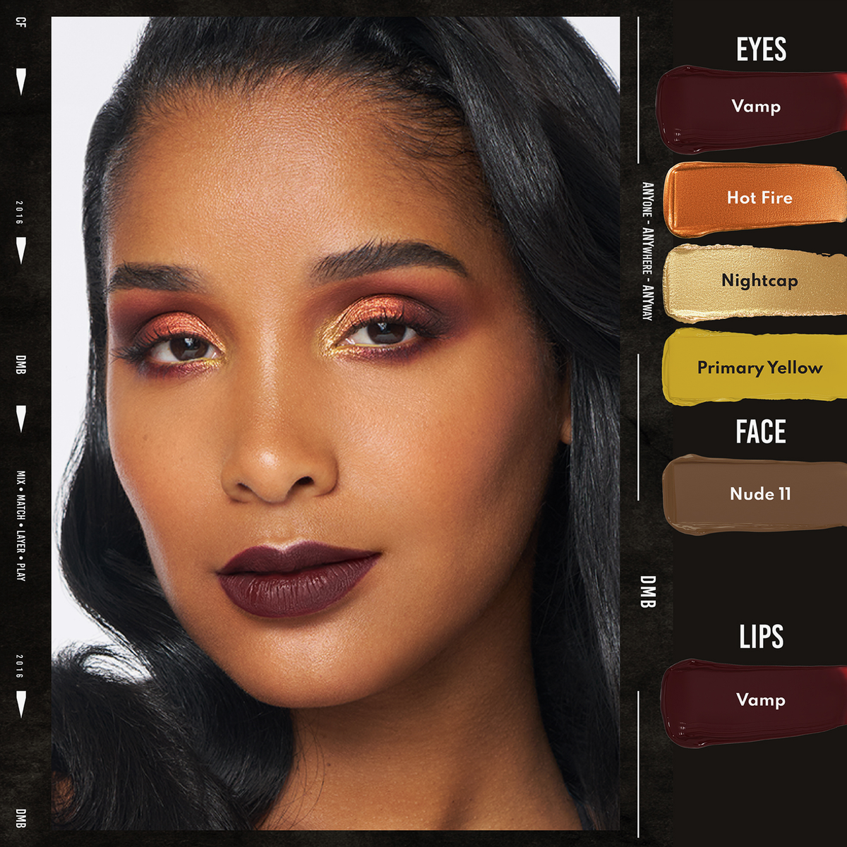 Eine Frau trägt ein auffälliges goldenes und rotes Augen-Make-up mit Danessa Myricks Beauty Colorfix Nudes und einen dunklen Lippenstift mit einem makellosen Teint.