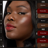 Nahaufnahme einer Frau mit strahlender Haut, die Danessa Myricks Beauty Colorfix Nudes trägt; neben ihr werden Make-up-Muster gezeigt.