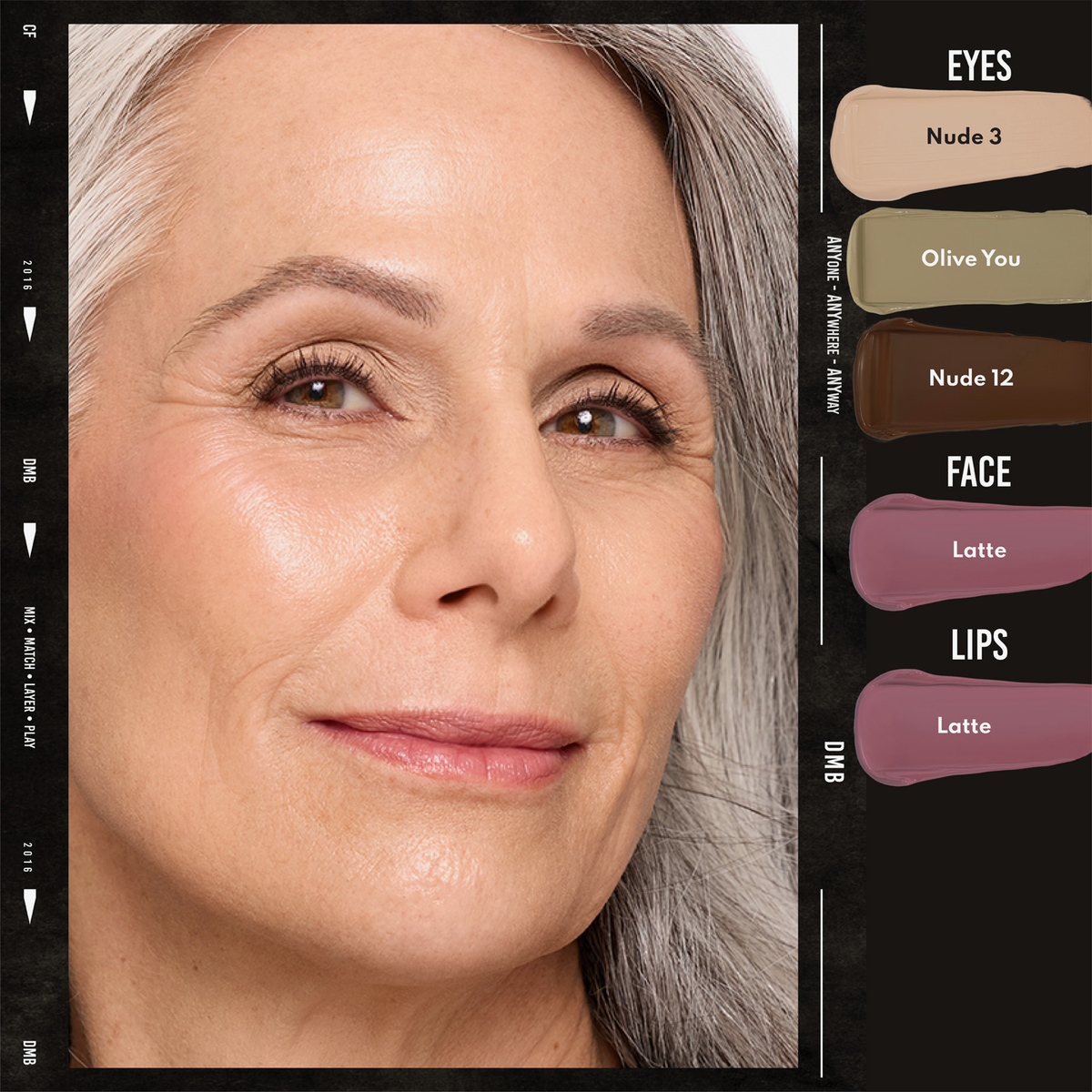 Eine lächelnde ältere Frau mit grauem Haar trägt Danessa Myricks Beauty Colorfix Nudes für Augen, Gesicht und Lippen.