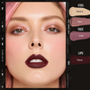 Nahaufnahme einer Frau, die Colorfix Nudes von Danessa Myricks Beauty trägt; rosa schimmernder Lidschatten und pflaumenfarbener Lippenstift.