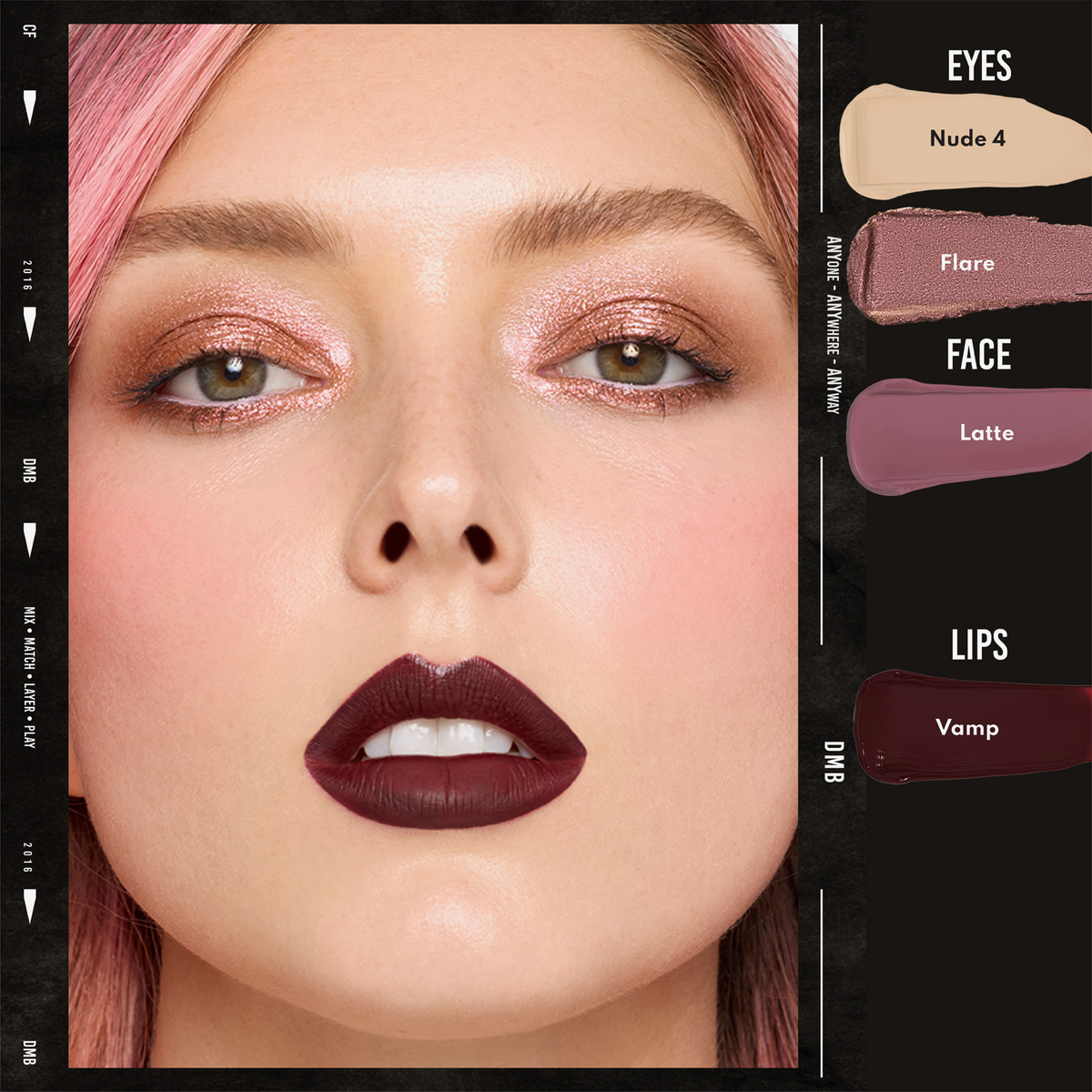 Nahaufnahme einer Frau, die Colorfix Nudes von Danessa Myricks Beauty trägt; rosa schimmernder Lidschatten und pflaumenfarbener Lippenstift.