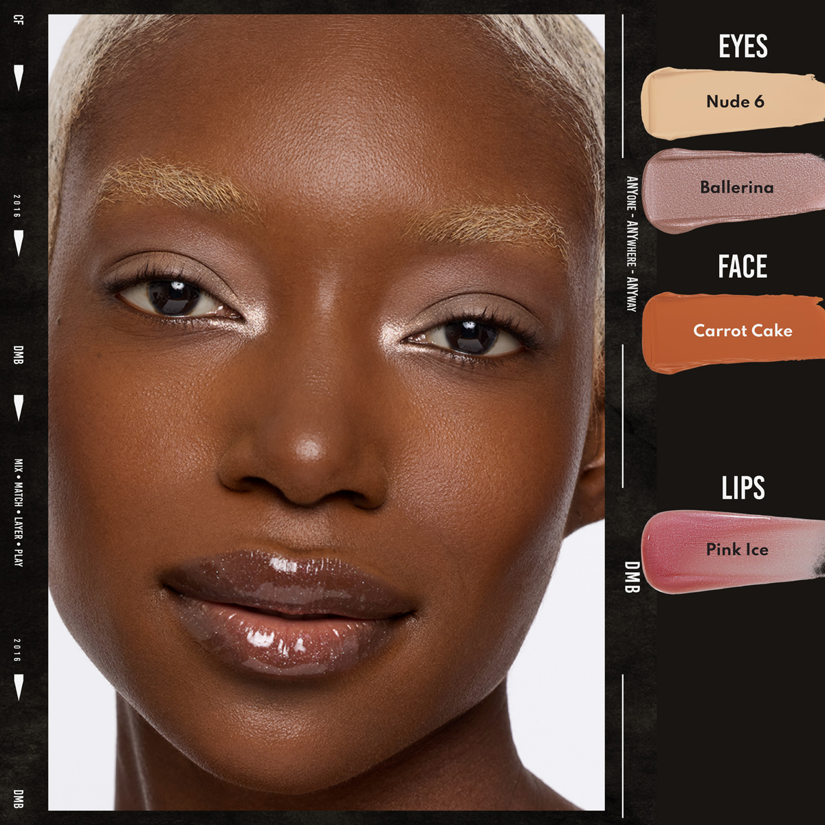 Nahaufnahme eines Modells mit rosa schimmernden Augen und glänzenden Lippen, das Danessa Myricks Beauty Colorfix Nudes trägt; die Farbtöne sind beschriftet.