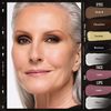 Nahaufnahme einer lächelnden reifen Frau mit silbernem Haar, die Danessa Myricks Beauty Colorfix Nudes auf Augen, Gesicht und Lippen trägt.