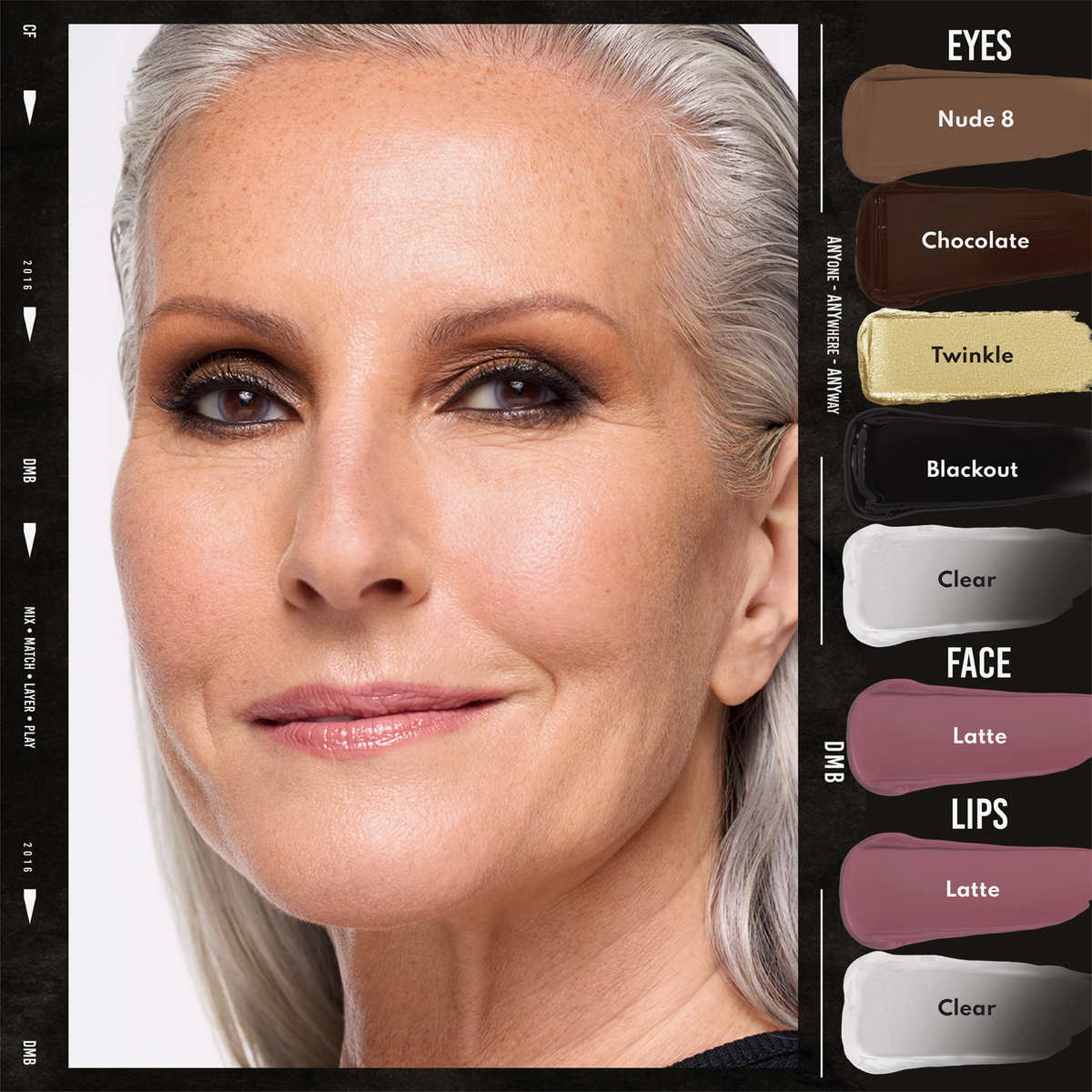 Nahaufnahme einer lächelnden reifen Frau mit silbernem Haar, die Danessa Myricks Beauty Colorfix Nudes auf Augen, Gesicht und Lippen trägt.