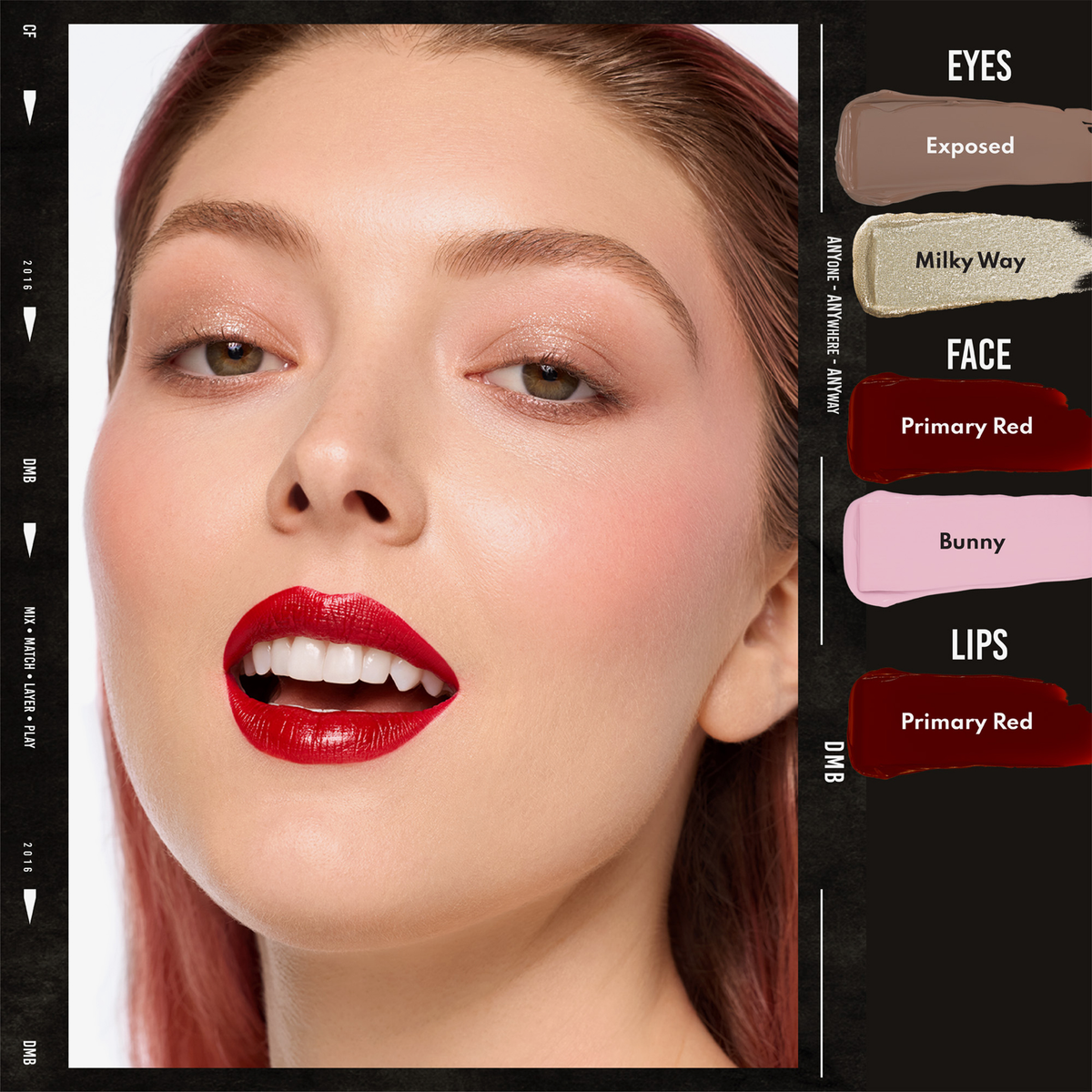 Eine Frau trägt Danessa Myricks Beauty Colorfix Pastels mit glänzenden roten Lippen, rosigem Rouge und schimmerndem Lidschatten; die Namen der Make-up-Nuancen sind rechts aufgeführt.