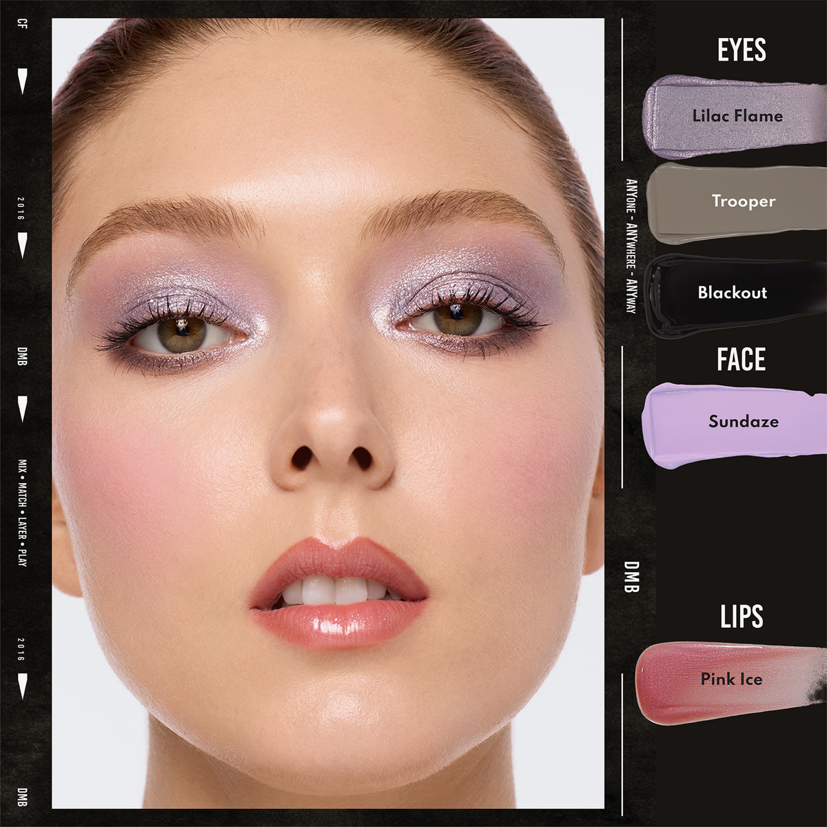 Frau trägt Danessa Myricks Beauty Colorfix Pastels in schimmerndem Fliederlidschatten, zartrosa Rouge und hellrosa Lippen; die Make-up-Farben sind auf der rechten Seite beschriftet.