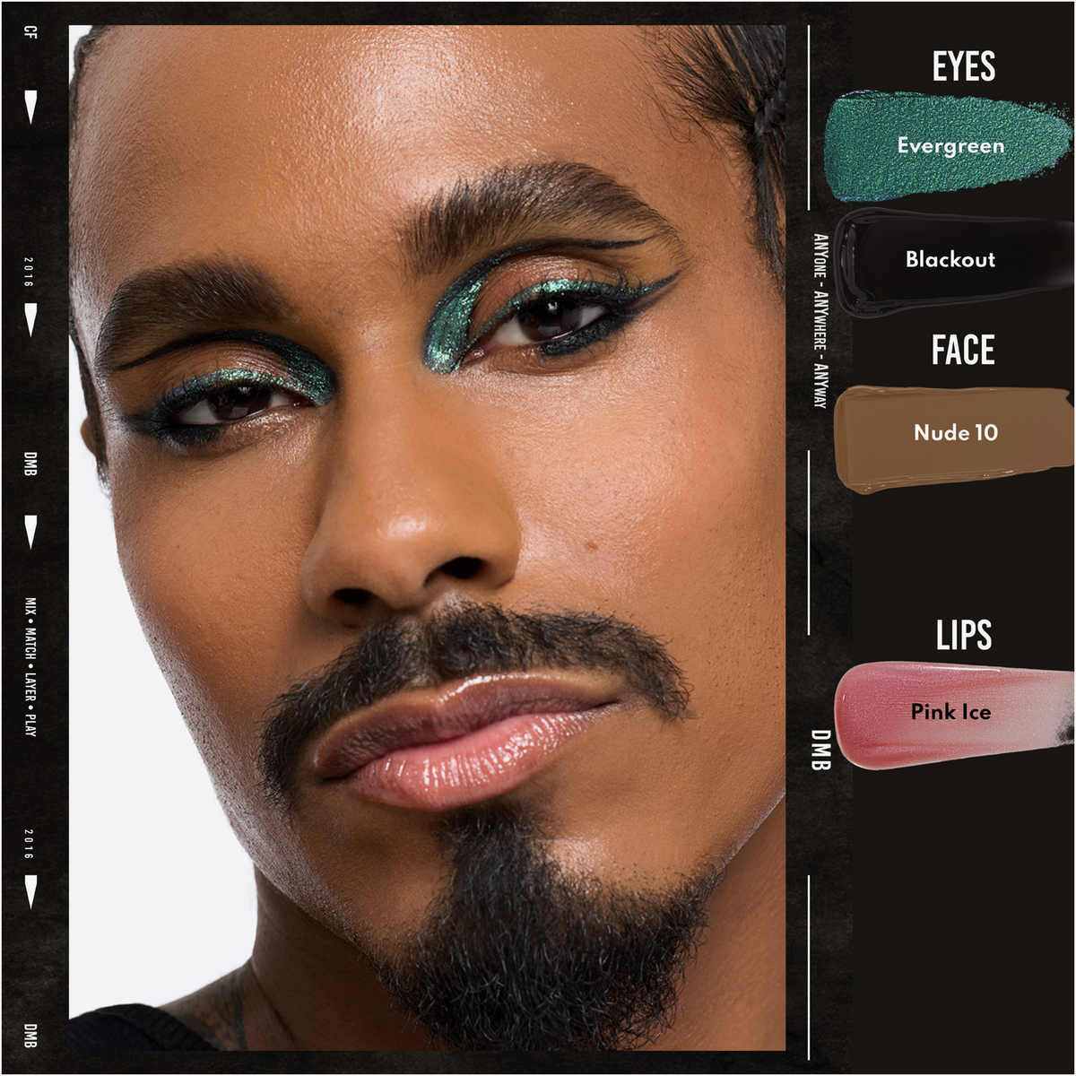 Nahaufnahme einer Person, die Danessa Myricks Beauty Colorfix Sparklers mit grünem Lidschatten, Winged Liner und glänzenden rosa Lippen trägt.