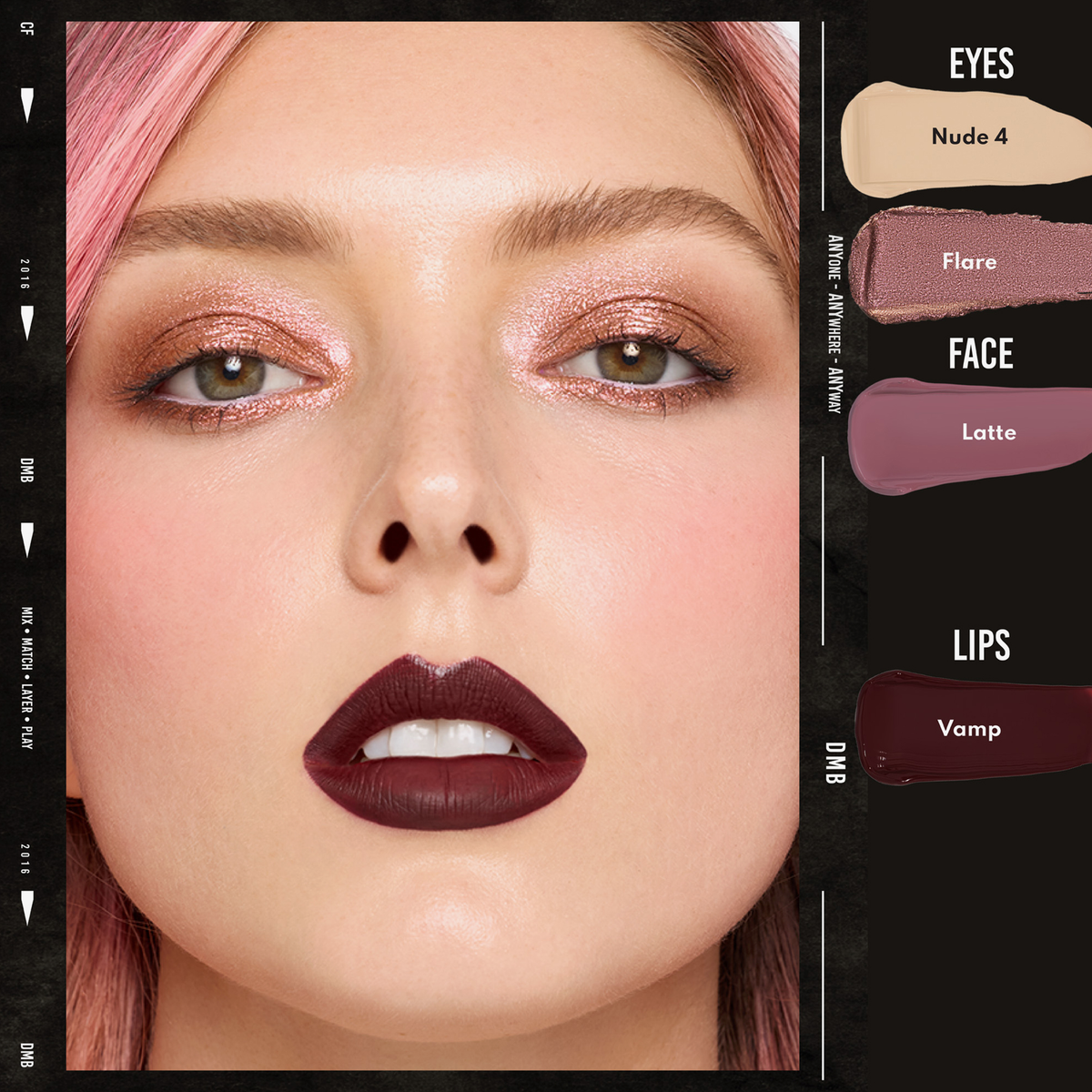 Eine Frau mit rosa Haaren trägt Danessa Myricks Beauty Colorfix Sparklers als roségoldenen Lidschatten, lilafarbenes Rouge und pflaumenfarbenen Lippenstift.