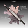 Der Duo Multi-Use Pigment Stick enthält die Farbtöne Interstellar (schimmerndes Pink/Gold) und Mystic Taupe (silbernes Taupe) in einem Doppelendformat.