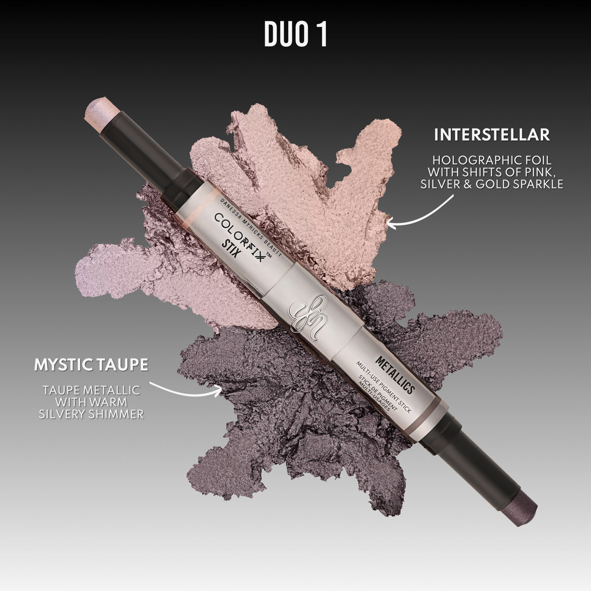 Der Duo Multi-Use Pigment Stick enthält die Farbtöne Interstellar (schimmerndes Pink/Gold) und Mystic Taupe (silbernes Taupe) in einem Doppelendformat.