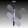 Duo 8 zeigt die Shades Draco (Stahlgrau mit Schimmer) und Meteorite (holografisches Flieder mit Indigo-Glanz) auf dunklem Verlaufshintergrund.