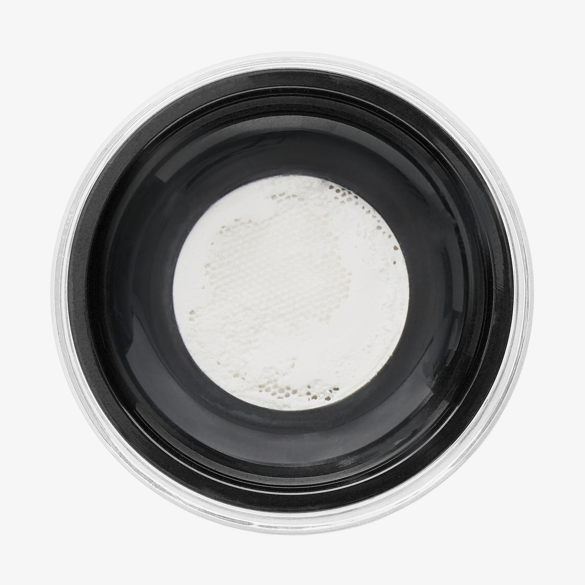 Ein runder Behälter von Danessa Myricks Beauty Evolution Powder #1, gefüllt mit weißem Puder, von oben gesehen auf weißem Hintergrund.