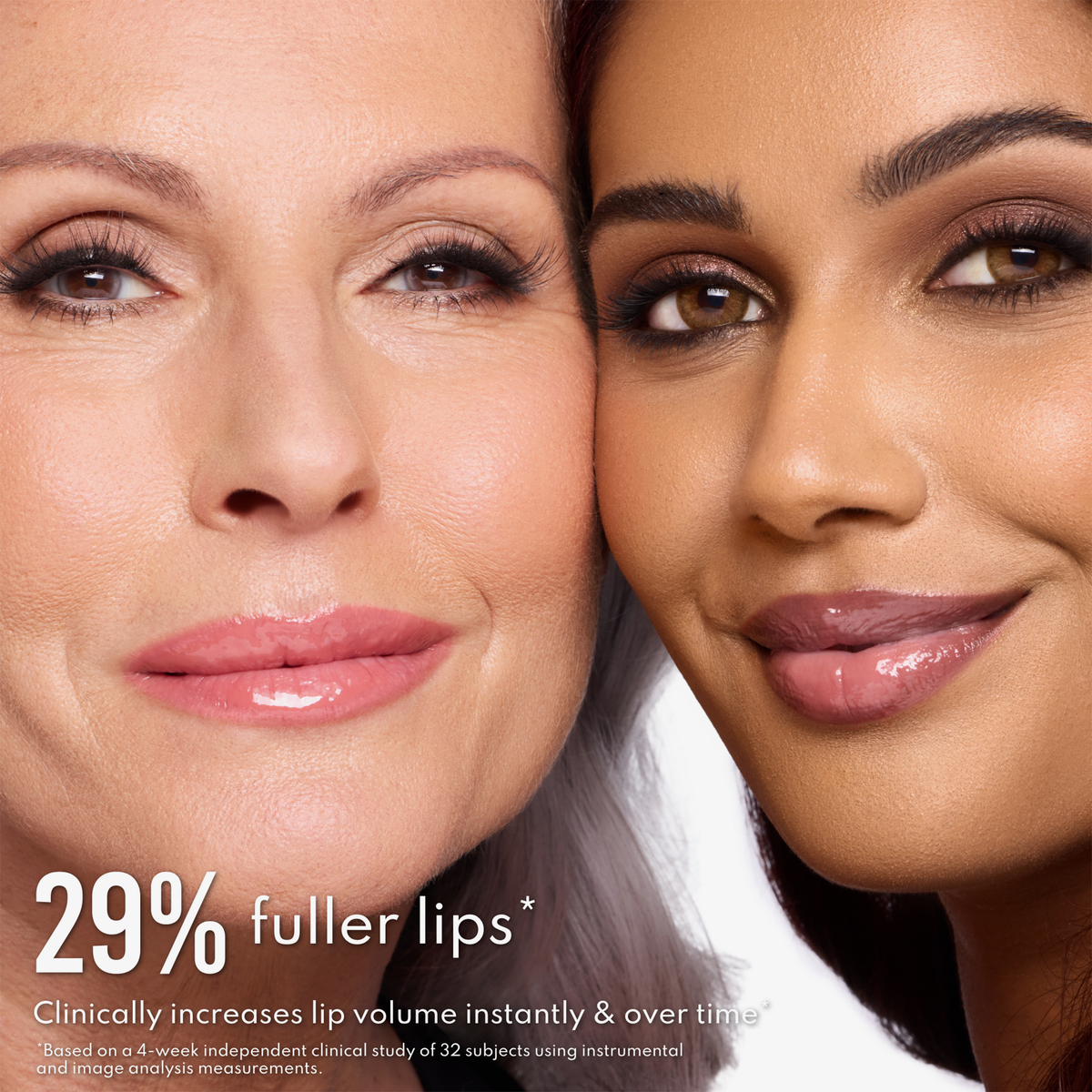 Zwei Frauen mit glatten Lippen posieren dicht beieinander; der Text lautet: „29 % vollere Lippen* mit dem ‚Glosswork 4D Ultra Shine Plumping Gloss‘ von Danessa Myricks Beauty.“.