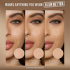 Drei Nahaufnahmen eines Gesichts: links ungeschminkt, mittig mit dewy Foundation, rechts mit matter Foundation – jeweils geglättet durch Blurring Balm Spray.
